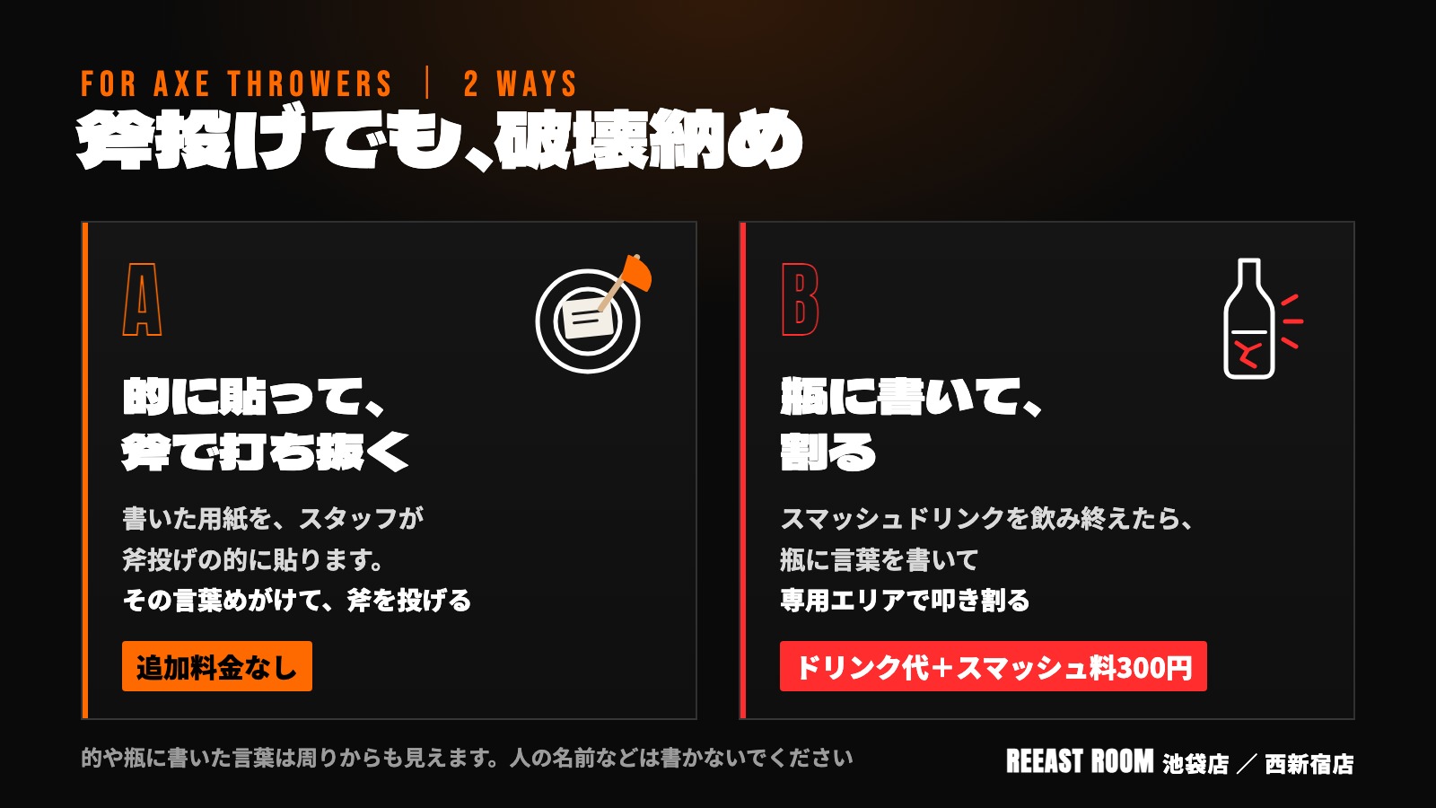 斧投げでも、破壊納め。A 的に貼って斧で打ち抜く:書いた用紙をスタッフが斧投げの的に貼り、その言葉めがけて斧を投げる(追加料金なし)。B 瓶に書いて割る:スマッシュドリンクを飲み終えたら瓶に言葉を書き、専用エリアで叩き割る(ドリンク代+スマッシュ料300円)。